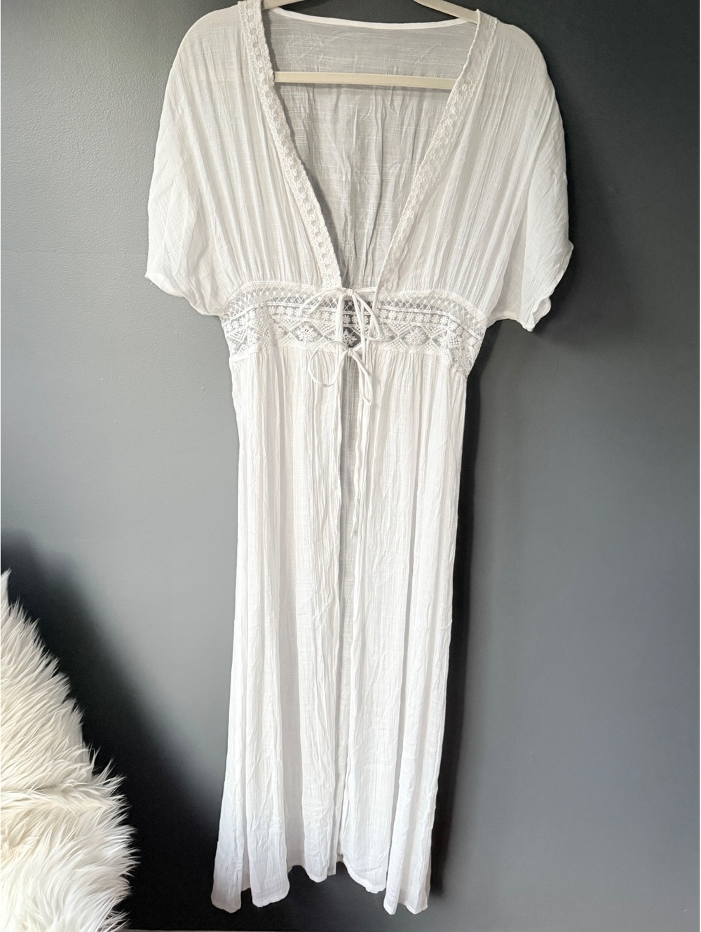 Bohemian White Maxi Robe with Lace and Tie Detail